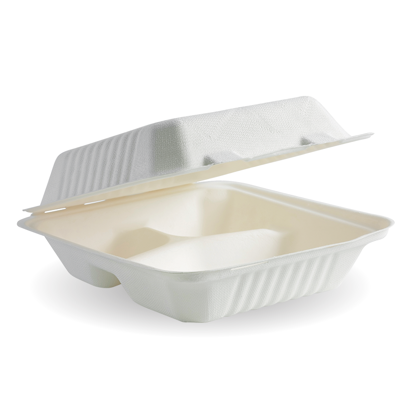 7.8x8x3" 3-Compartment BioPak Brand Clamshell Made from Sugarcane Fibre - Home Compostable