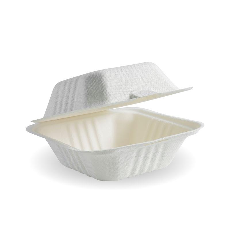 6x6x3" White BioPak Brand Clamshell Made from Sugarcane Fibre - Home Compostable