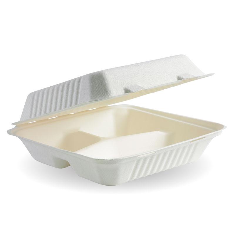 9x9x3" 3-Compartment BioPak Brand Clamshell Made from Sugarcane Fibre - Home Compostable