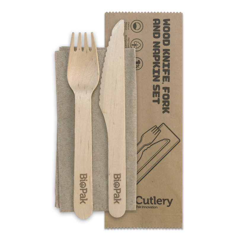 16cm individually wrapped disposable wooden Knife, Fork & Napkin Set